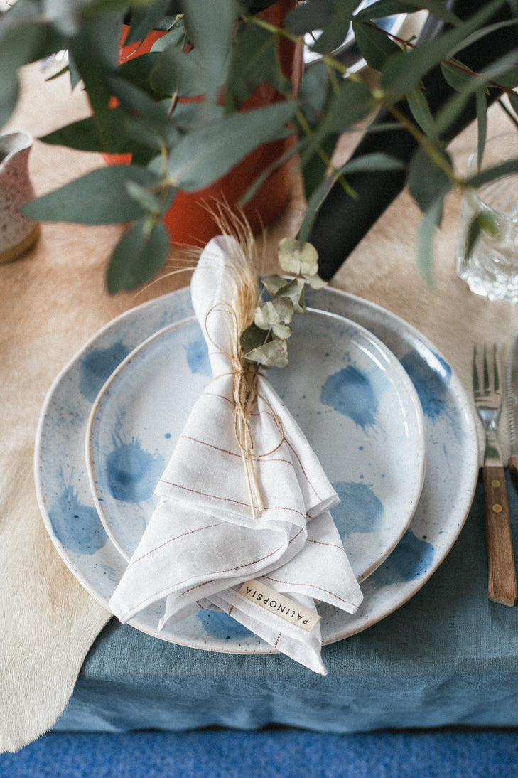 Coastal table setting in blue and white by Palinopsia Ceramics and pottery in Newcastle