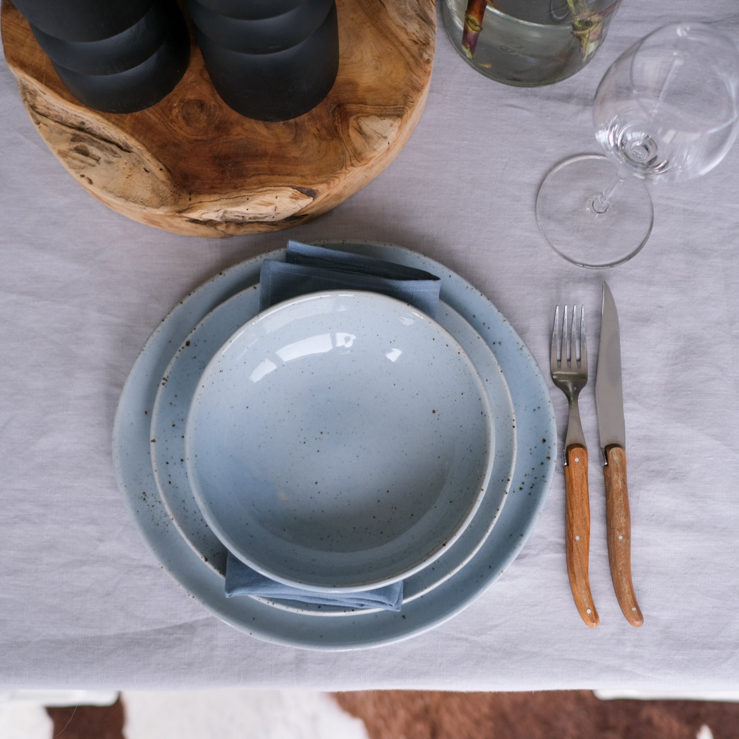 Three piece dinnerware set, dinner plate, lunch plate and soup bowl handmade by Palinopsia Ceramics