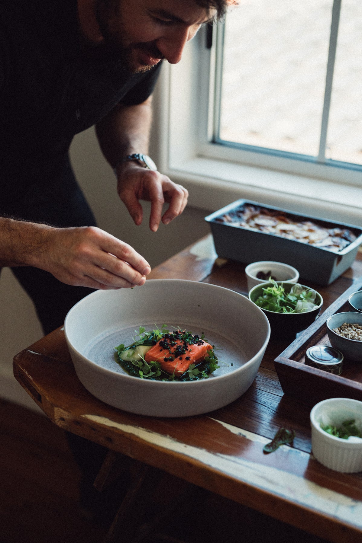 Sydney's Northern Beaches Private Chef plating up on Palinopsia Ceramics for private dinner event