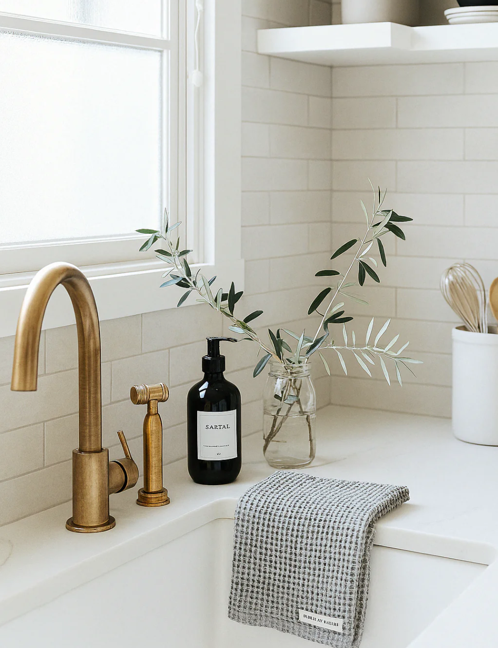 Bathroom with brass faucet, black soap dispenser, and waffle tea towel in light grey.