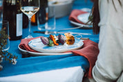 Pollock lunch plate in blue and white with grilled vegetables