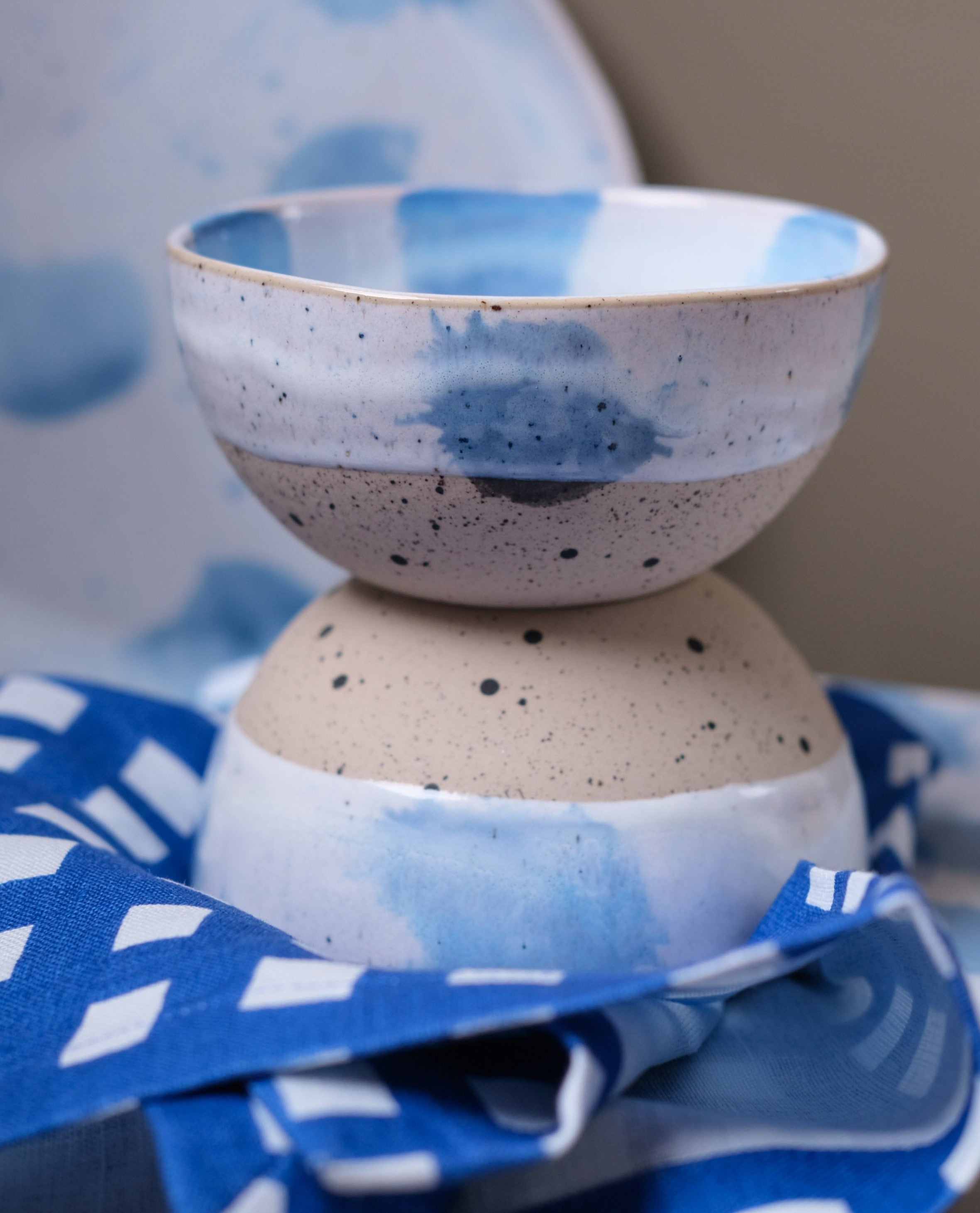 Stacked hand painted ceramic Breakfast bowl in blue and white by Palinopsia Ceramics