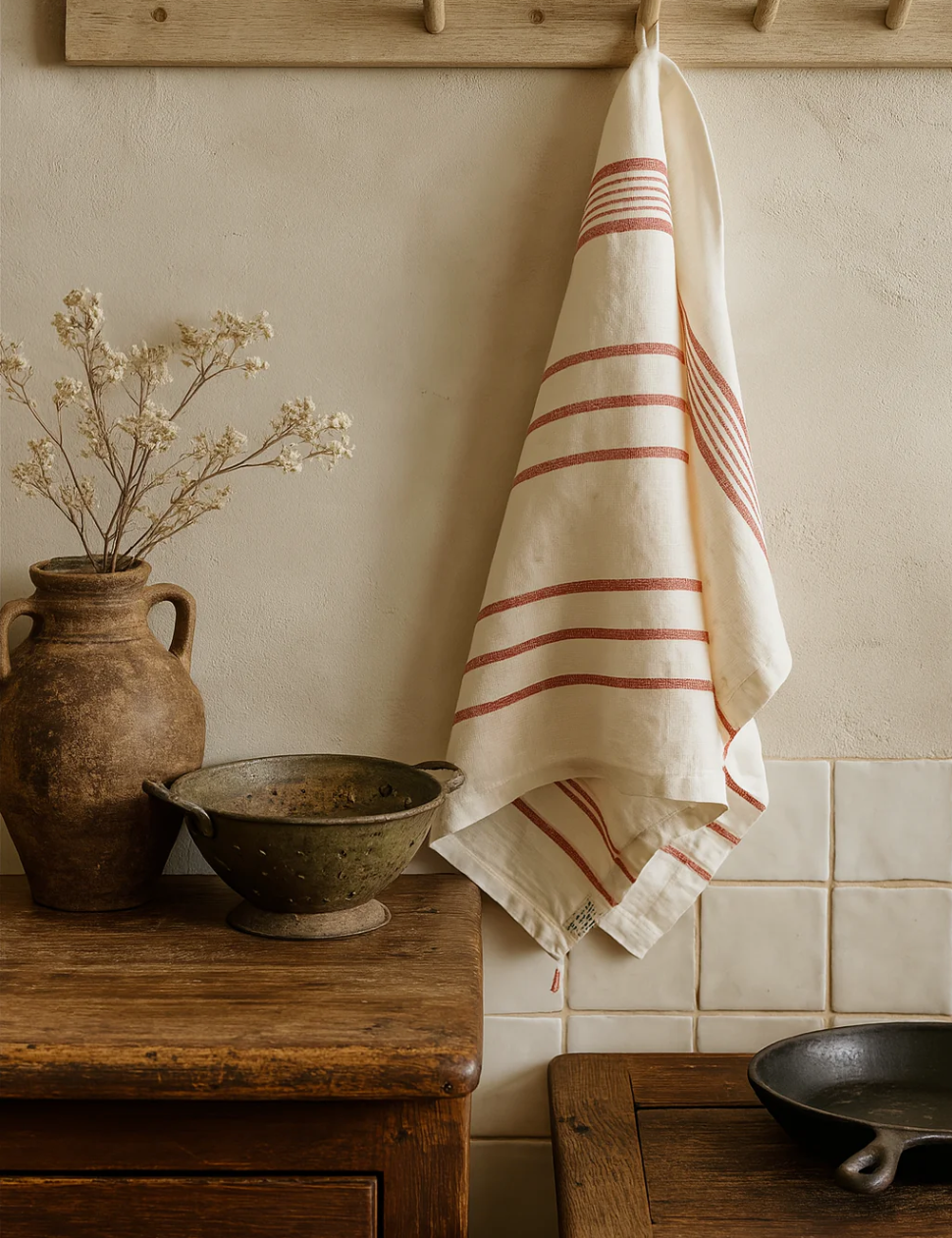 Palinopsia red striped linen towel hanging on a wooden hook with rustic kitchen items below.