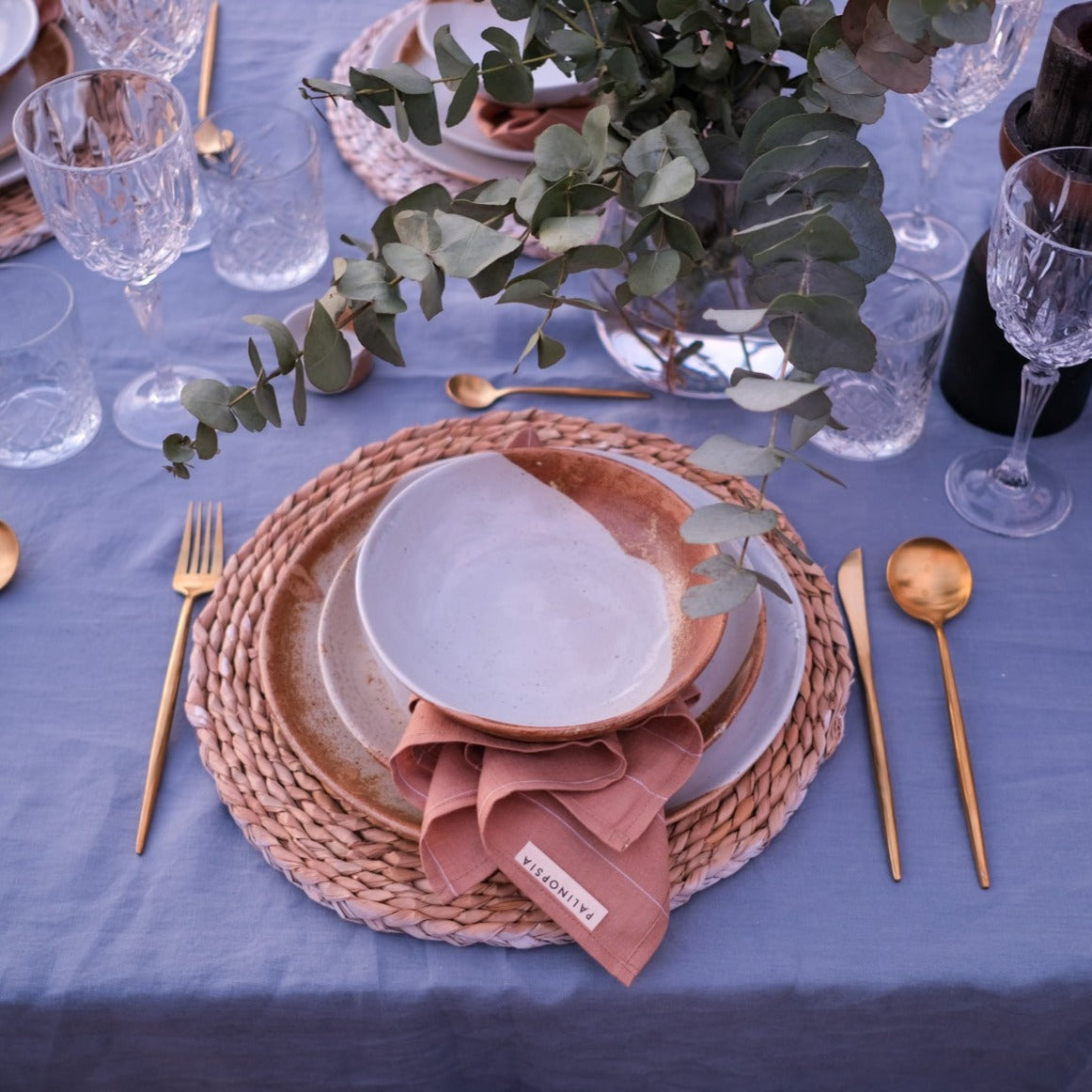 Beautiful handmade three piece dinnerware set in browns and earthy tones by Palinopsia Ceramics