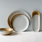 Palinopsia's handmade soda fired dinnerware set in brown, blue and grey
