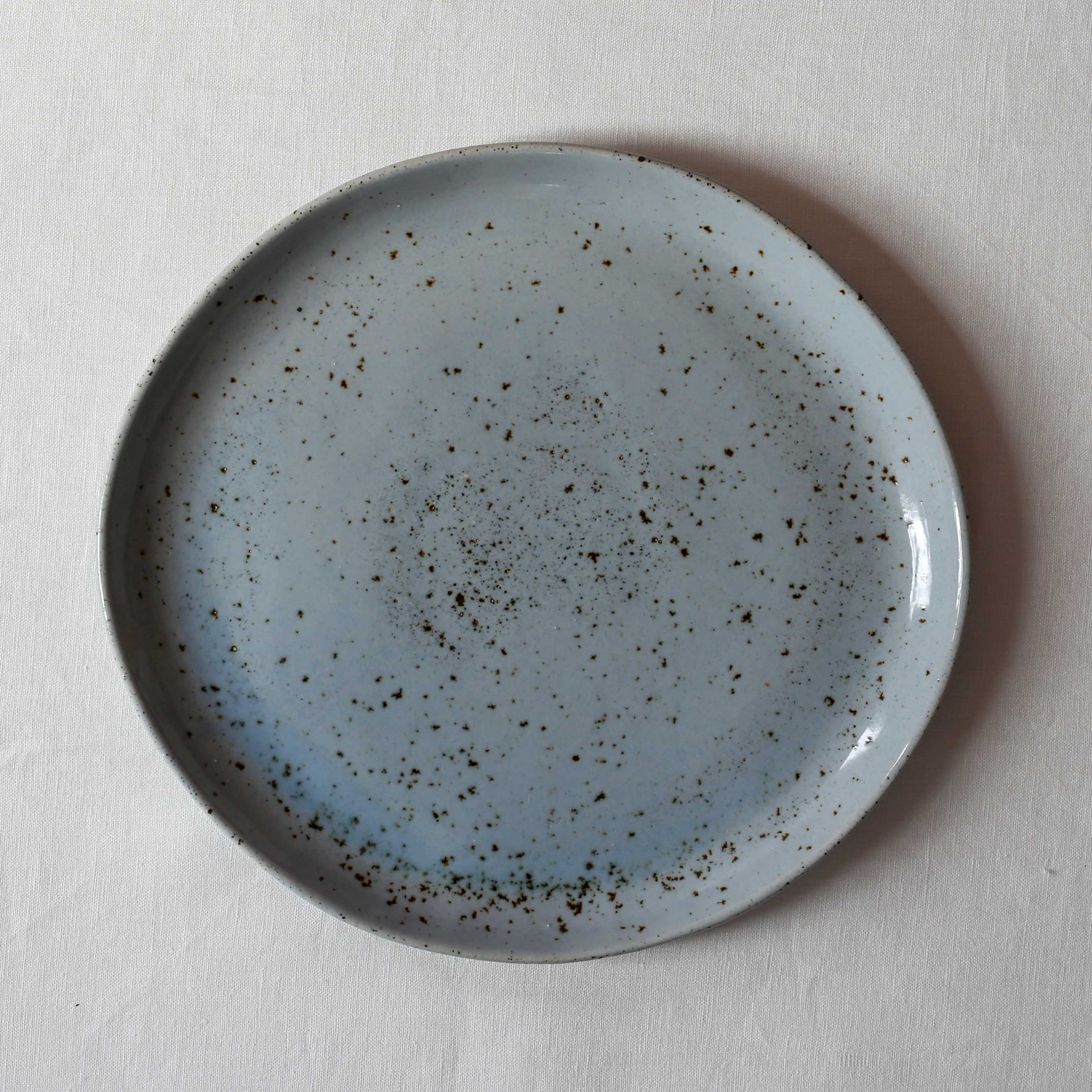 Bird's-eye view of a handmade dinner plate with organic shape in blue and grey with speckles by Palinopsia Ceramics