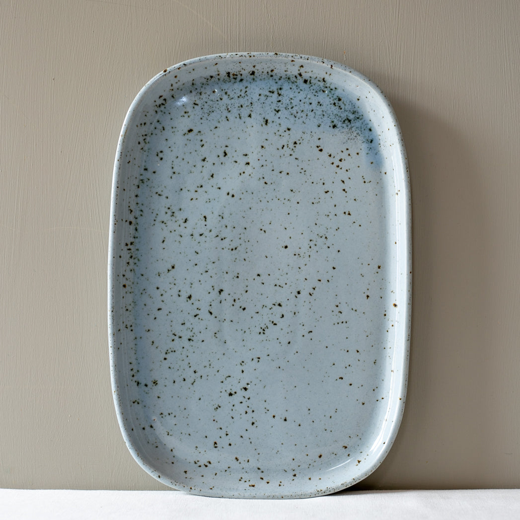 Large slip cast rectangle serving platter in blue grey speckle by Palinopsia Ceramics