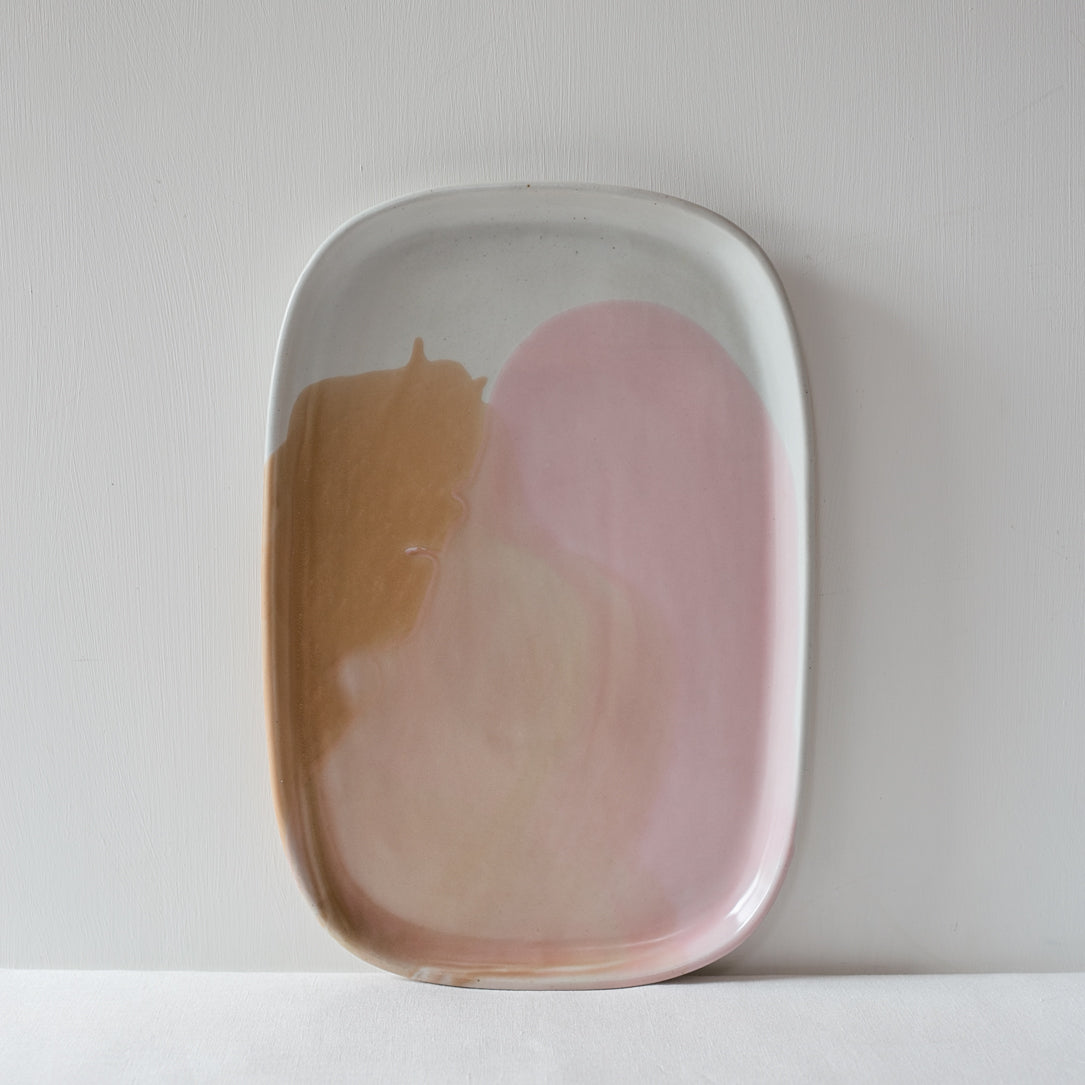 Joyful, fun and colourful ceramic serving platter by Palinopsia Ceramics in pink, brown and white ice cream inspired colours