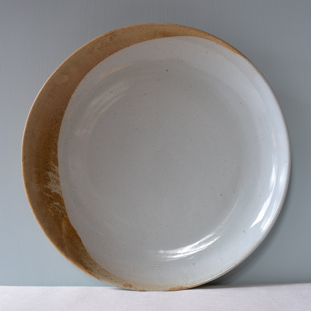 Extra large round serving platter in retro brown, grey and blue stoneware by Palinopsia Ceramics