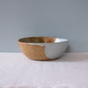 Side view of a handmade stoneware Salad Bowl in vintage brown, blue and grey colours