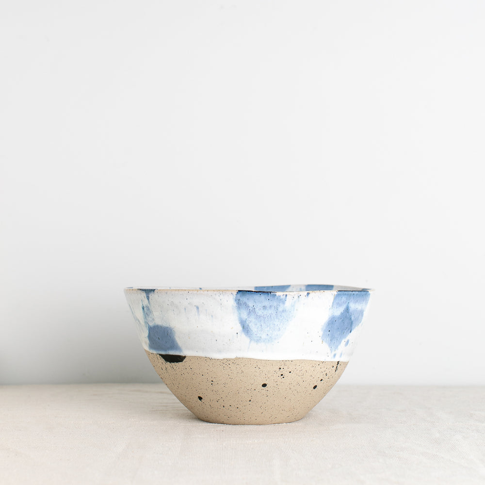 Handmade fruit bowl by Palinopsia Ceramics in Blue and White Pollock design