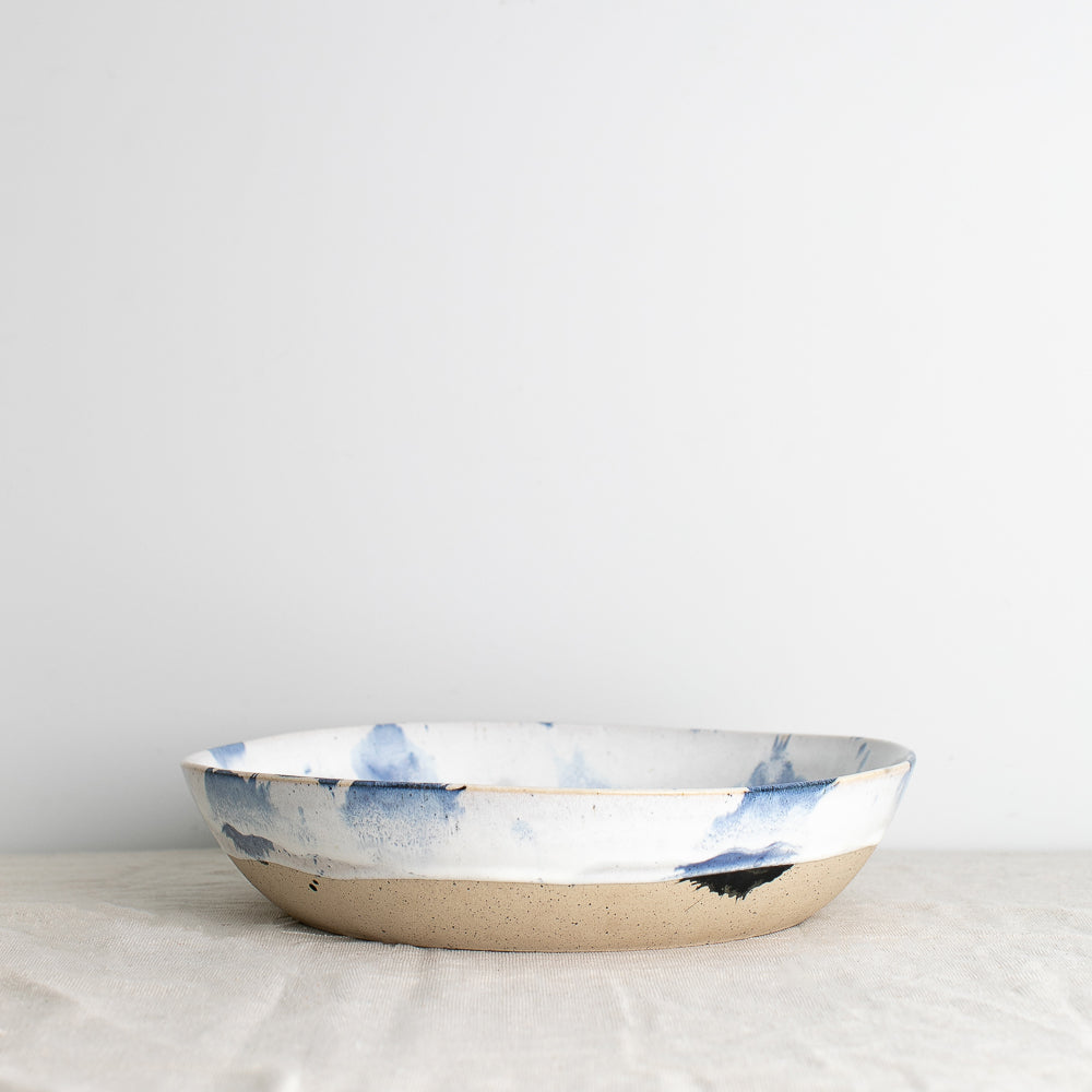Handmade low salad and fruit bowl in blue and white design by Palinopsia Ceramics