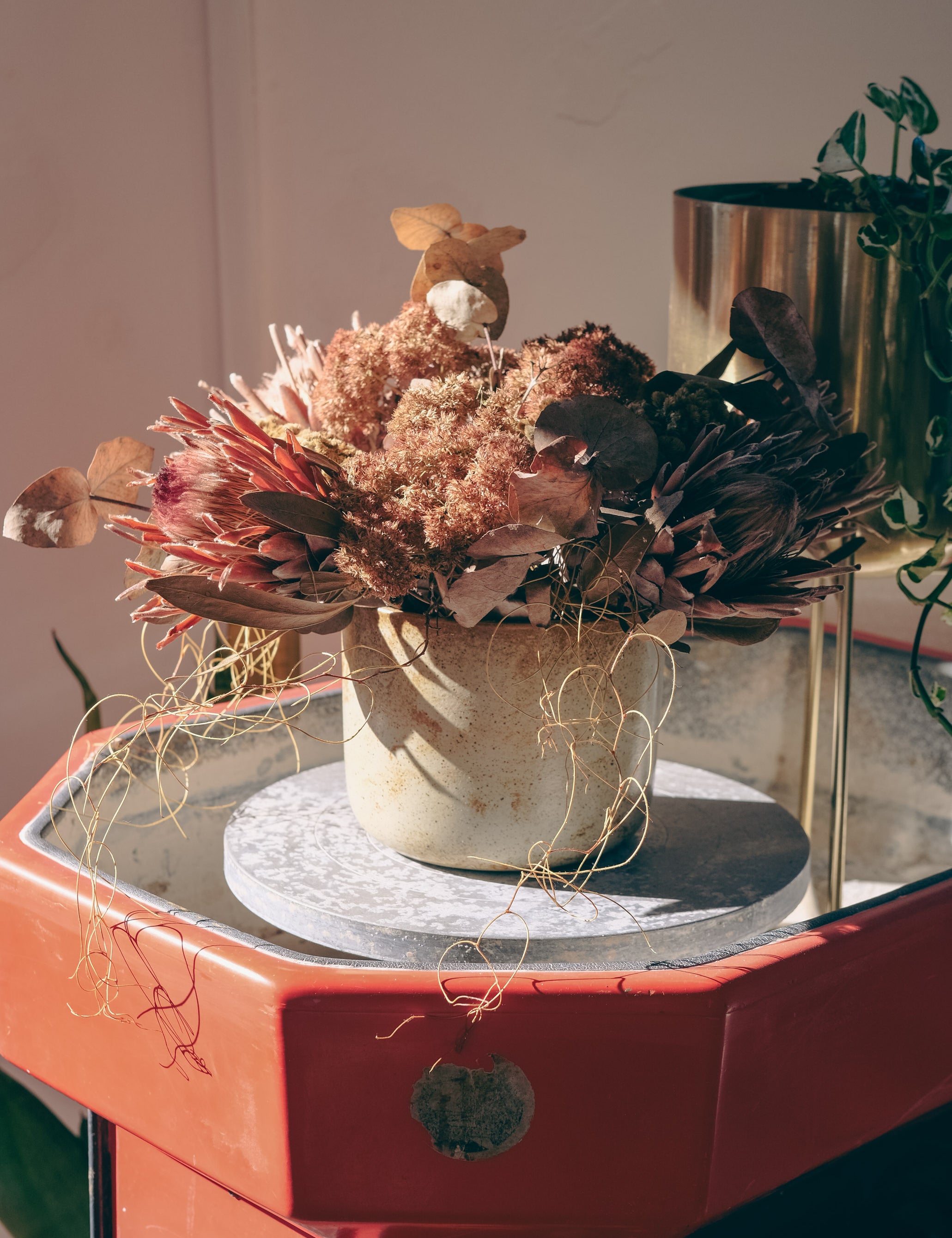 A dried floral arrangement in a small beige pot, displayed on a round marble plinth atop an orange-red vintage stand-up ceramic wheel. The bouquet features dusty pink, brown, and muted red botanicals with delicate hanging strands in Palinopsia Ceramic store in Newcastle. 