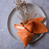Ginger colour table napkins by Palinopsia Ceramics on a blue speckle ceramic plate 