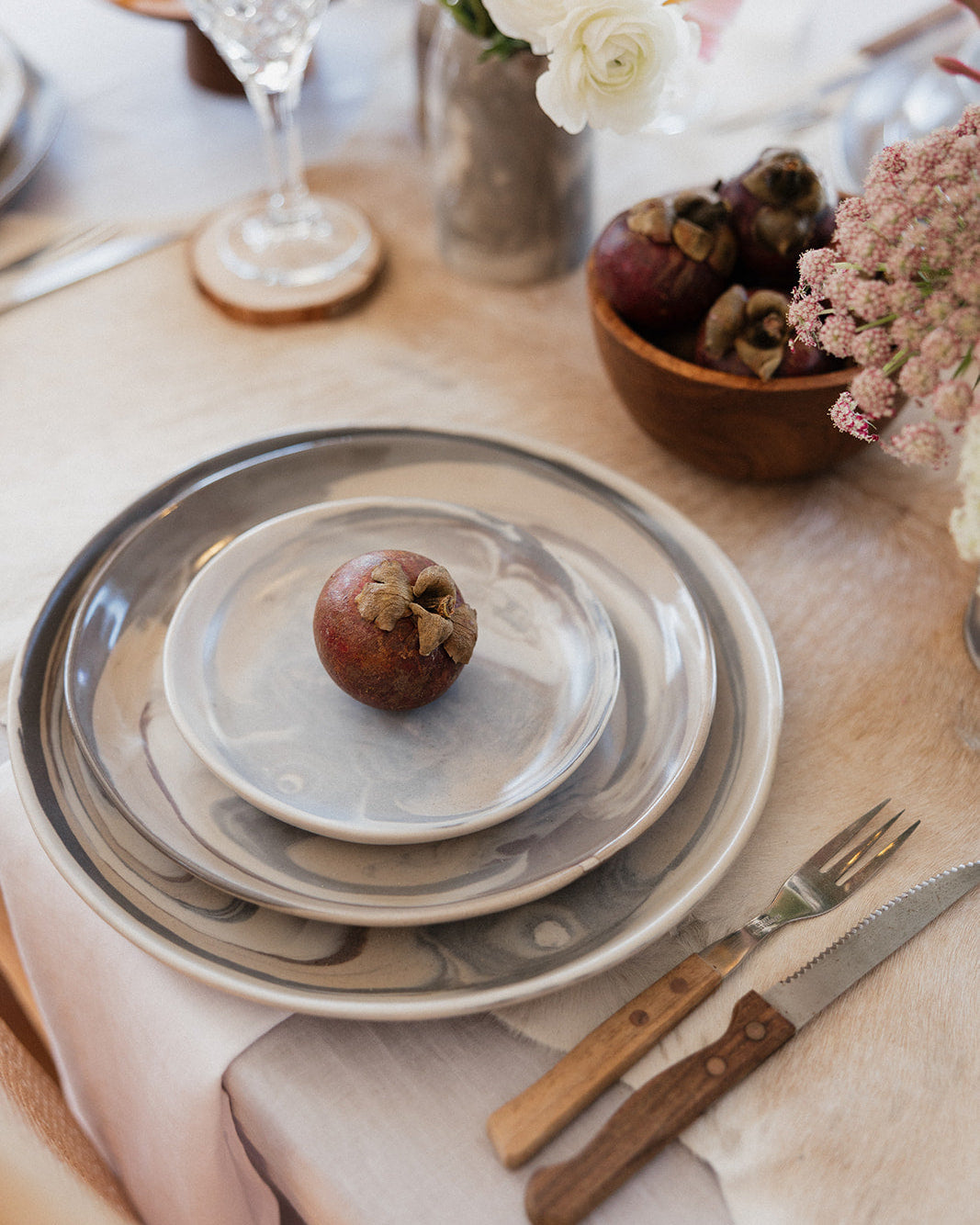 Three Piece ceramic stoneware Dinner Set in a Marble abstract design 