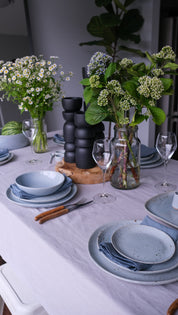 Handmade dinnerware set in blue grey speckle glaze by Palinopsia ceramics 