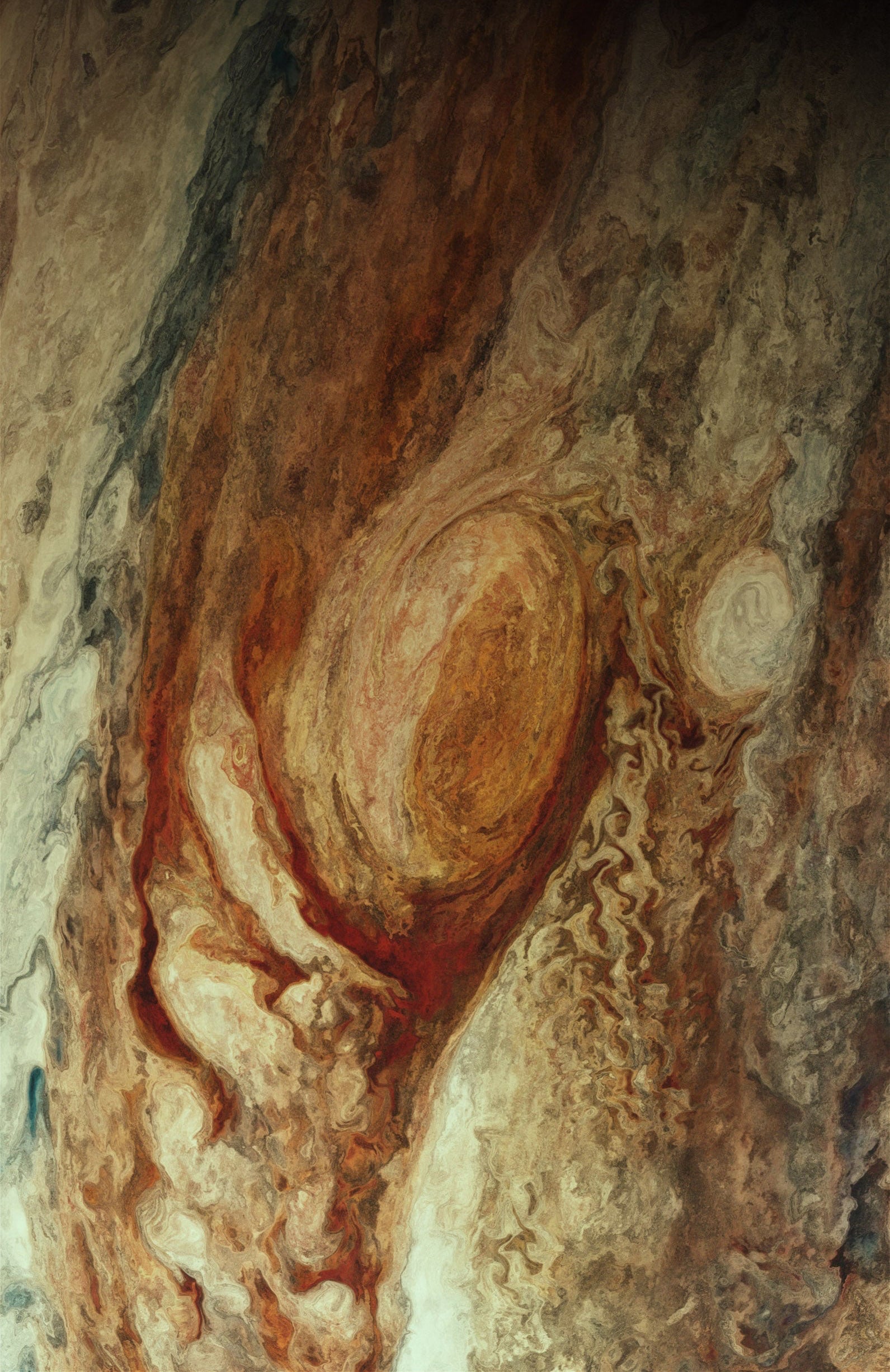 Close-up of Jupiter's Great Red Spot and swirling clouds.