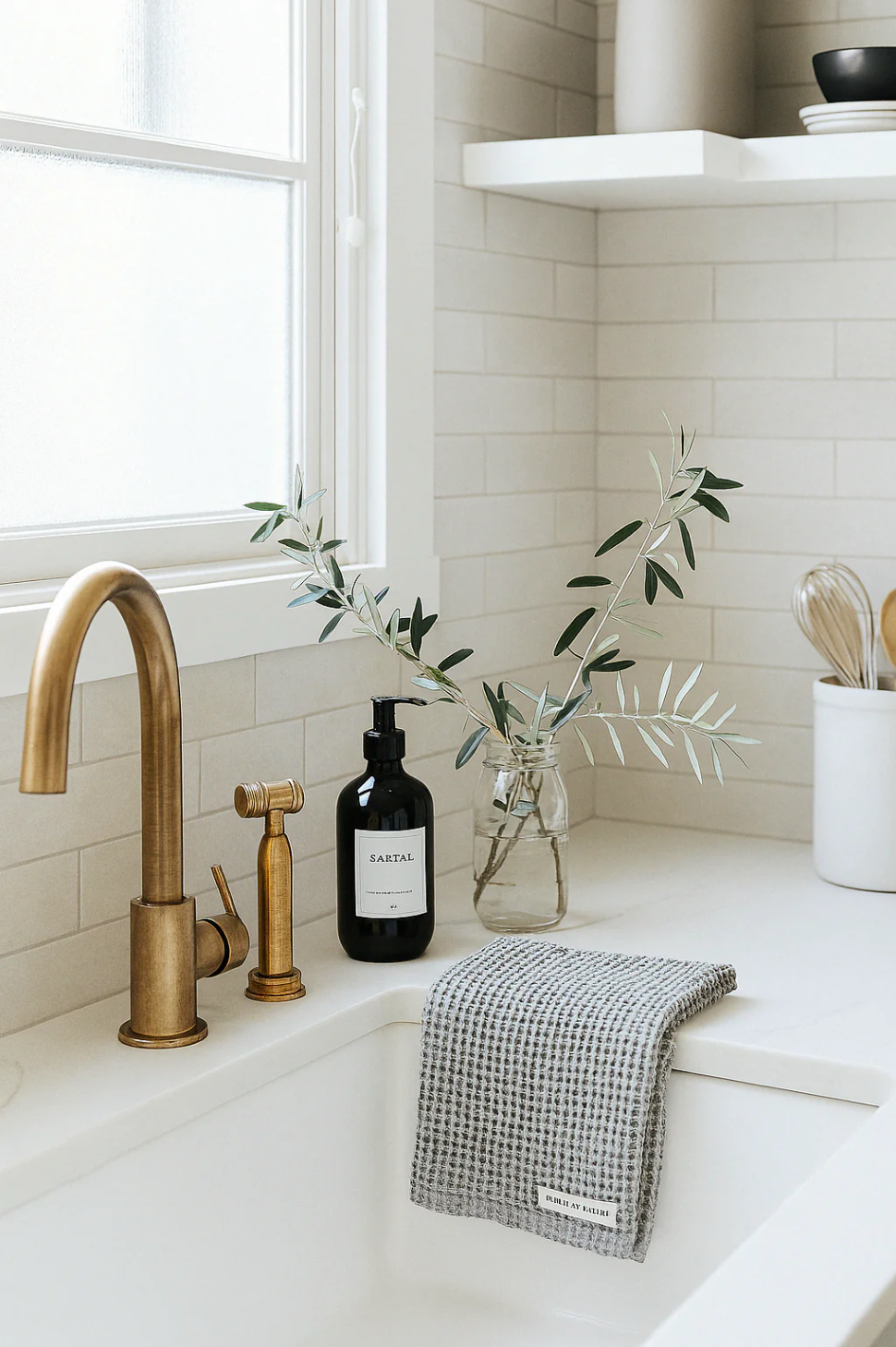 Bathroom with brass faucet, black soap dispenser, and waffle tea towel in light grey.