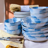 Stacked coastal blue and white handmade bowls by Palinopsia Ceramics  