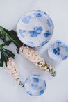 Blue and white pasta bowls in Pollock style by Palinopsia with breakfast bowl and wild flowers 
