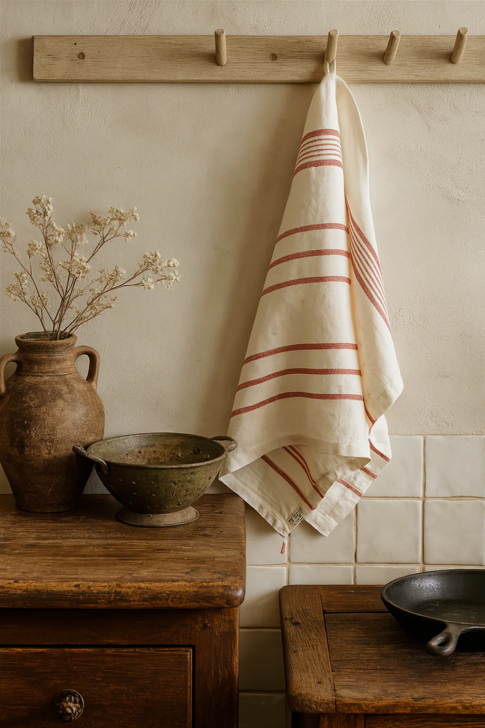 Palinopsia red striped linen towel hanging on a wooden hook with rustic kitchen items below.