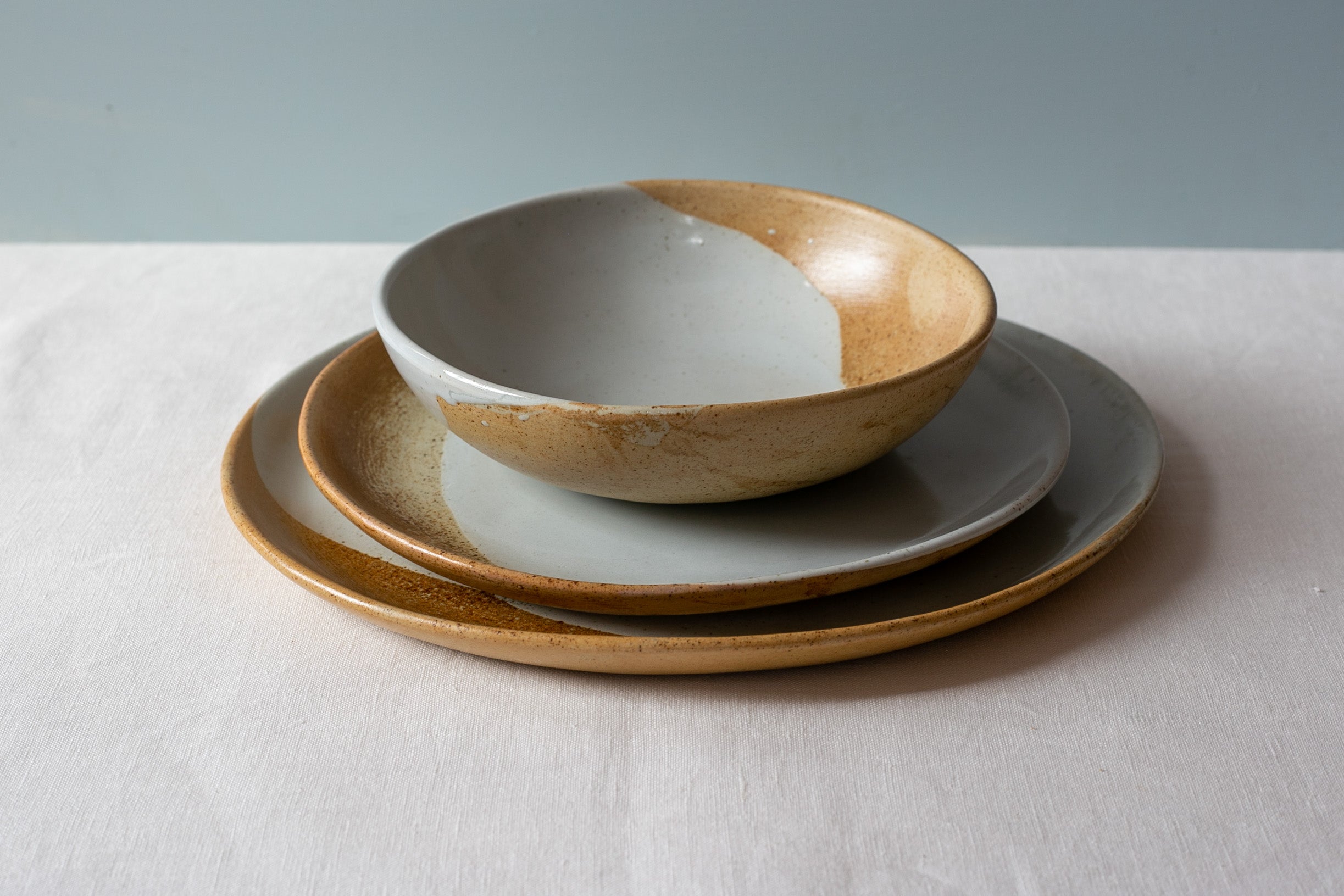 3 piece handmade dinner set by Palinopsia Ceramics in brown, blue and grey
