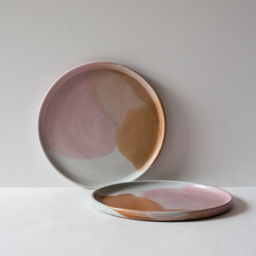 Handmade Dinner Plates set of two in pinks browns and grey white