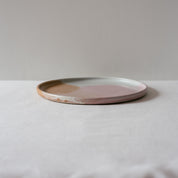 Handmade dinner plate by Palinopsia Ceramics in pink, brown and white