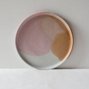 Palinopsia Ceramics Handmade white pink and brown dinner plate in dipped drippy glaze by 