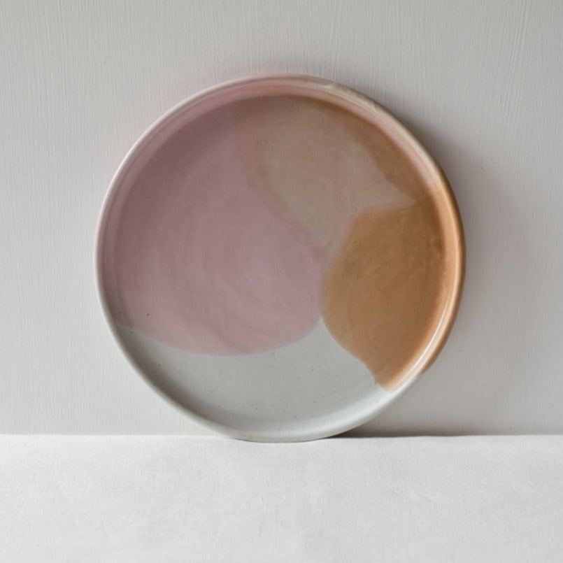 Palinopsia Ceramics Handmade white pink and brown dinner plate in dipped drippy glaze by 
