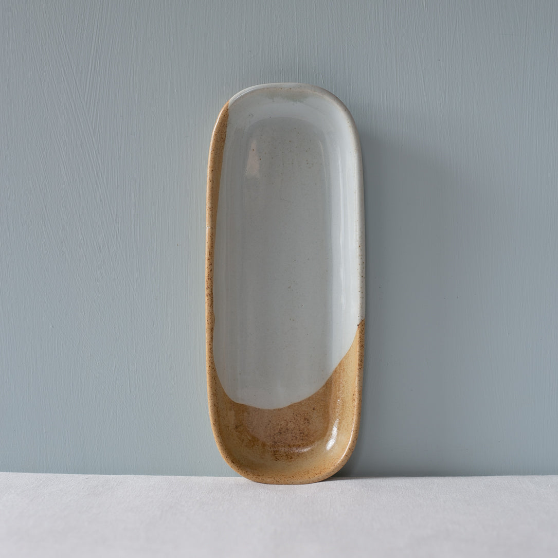 Single mezze rectangle plate in blue and brown by Palinopsia Ceramics