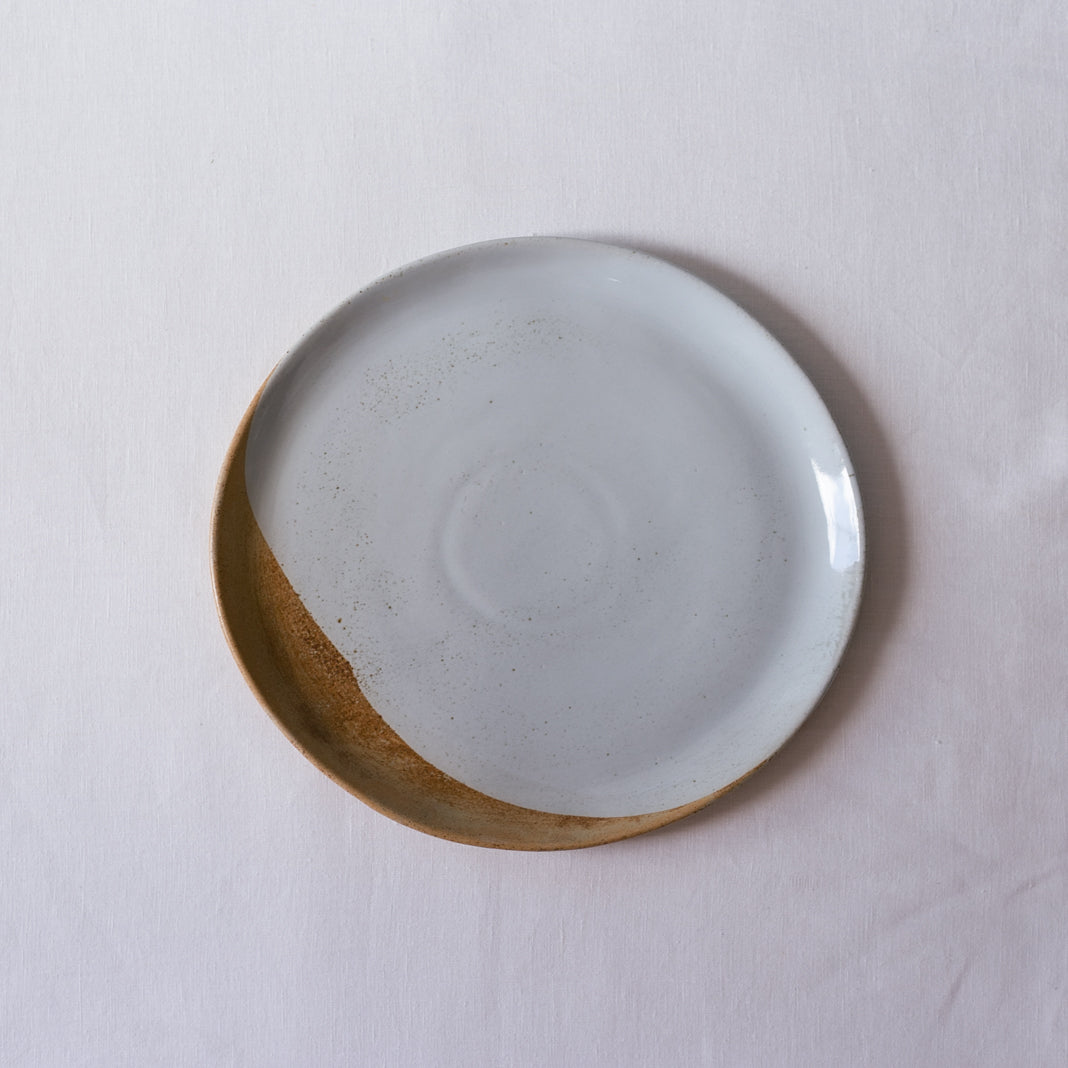 Bird's-eye view of a handmade soda fired dinner plate By Palinopsia Ceramics 