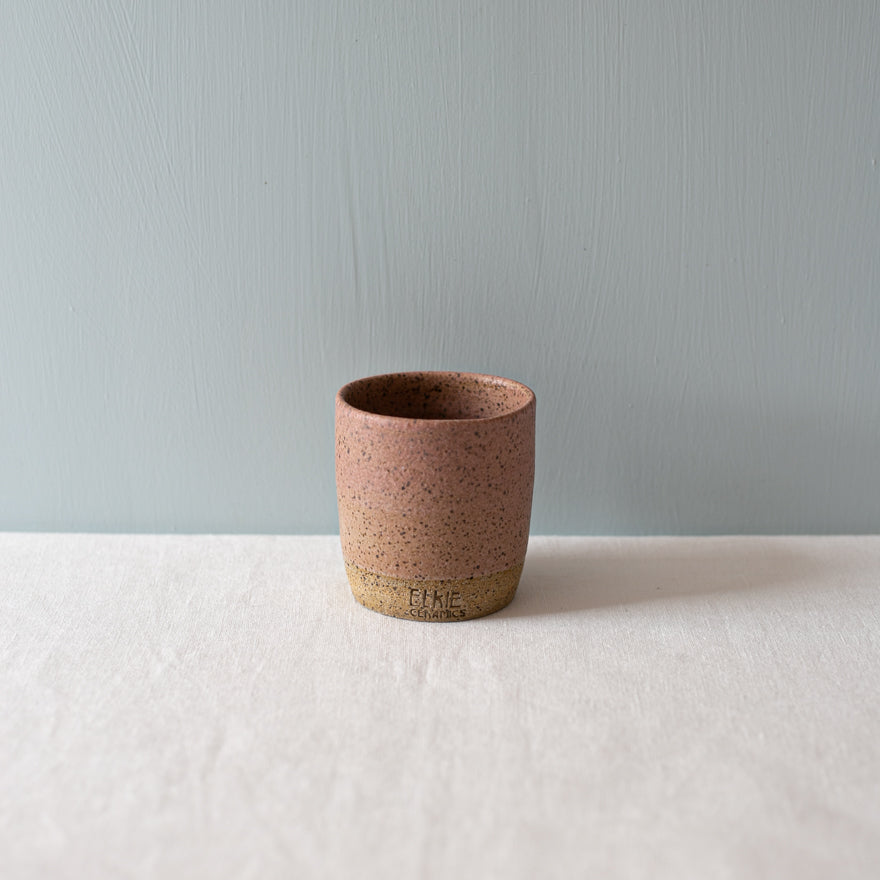 Pink speckled coffee cup and mug handmade by Australian Potter Elkie Fairbrother 