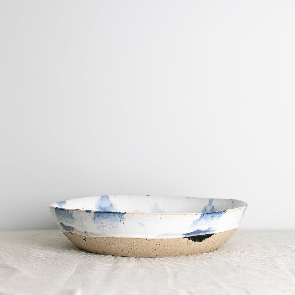 Handmade low salad and fruit bowl in blue and white design by Palinopsia Ceramics 